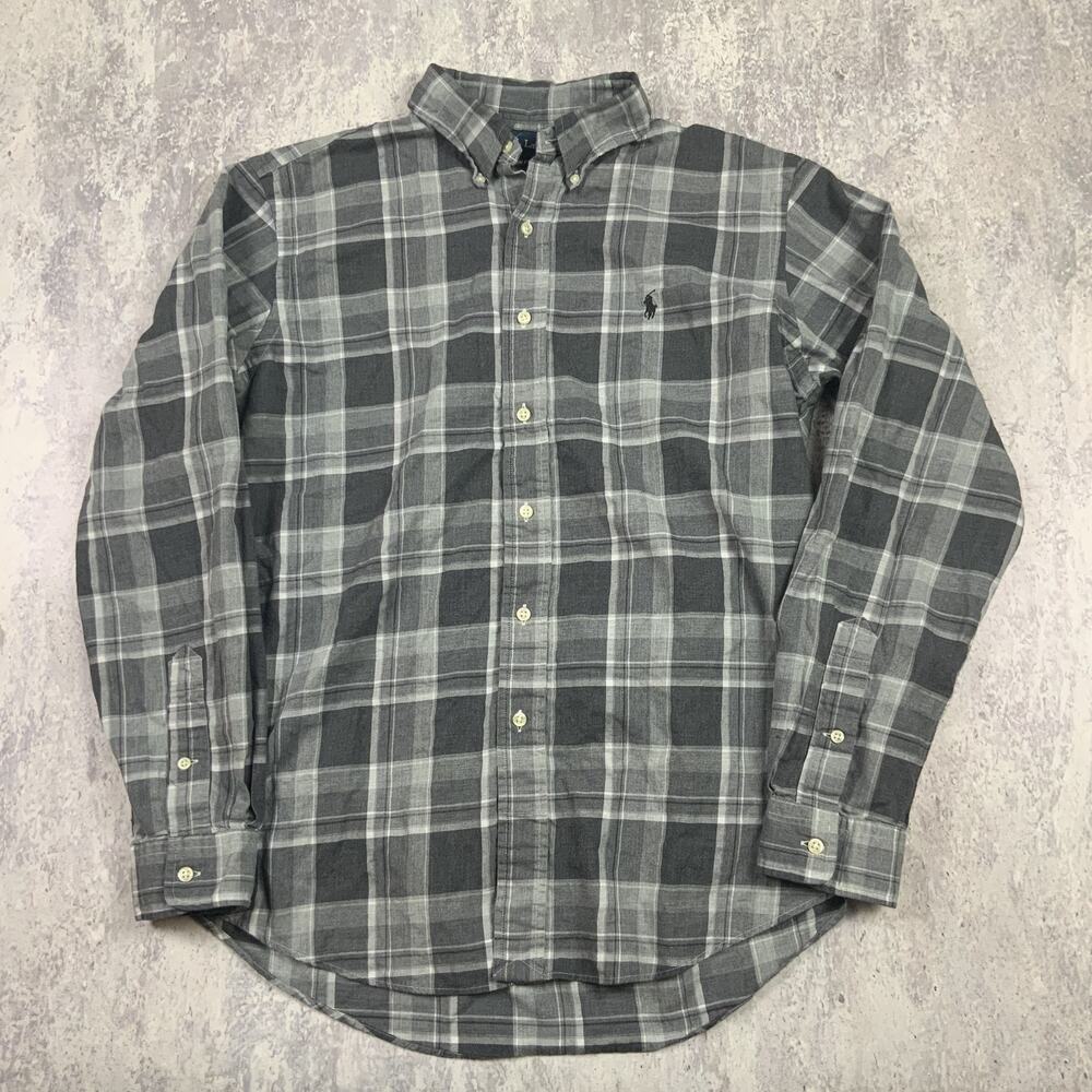 Polo Ralph Lauren Shirt Mens Large Gray Plaid Button Up Casual Pockets Pockets